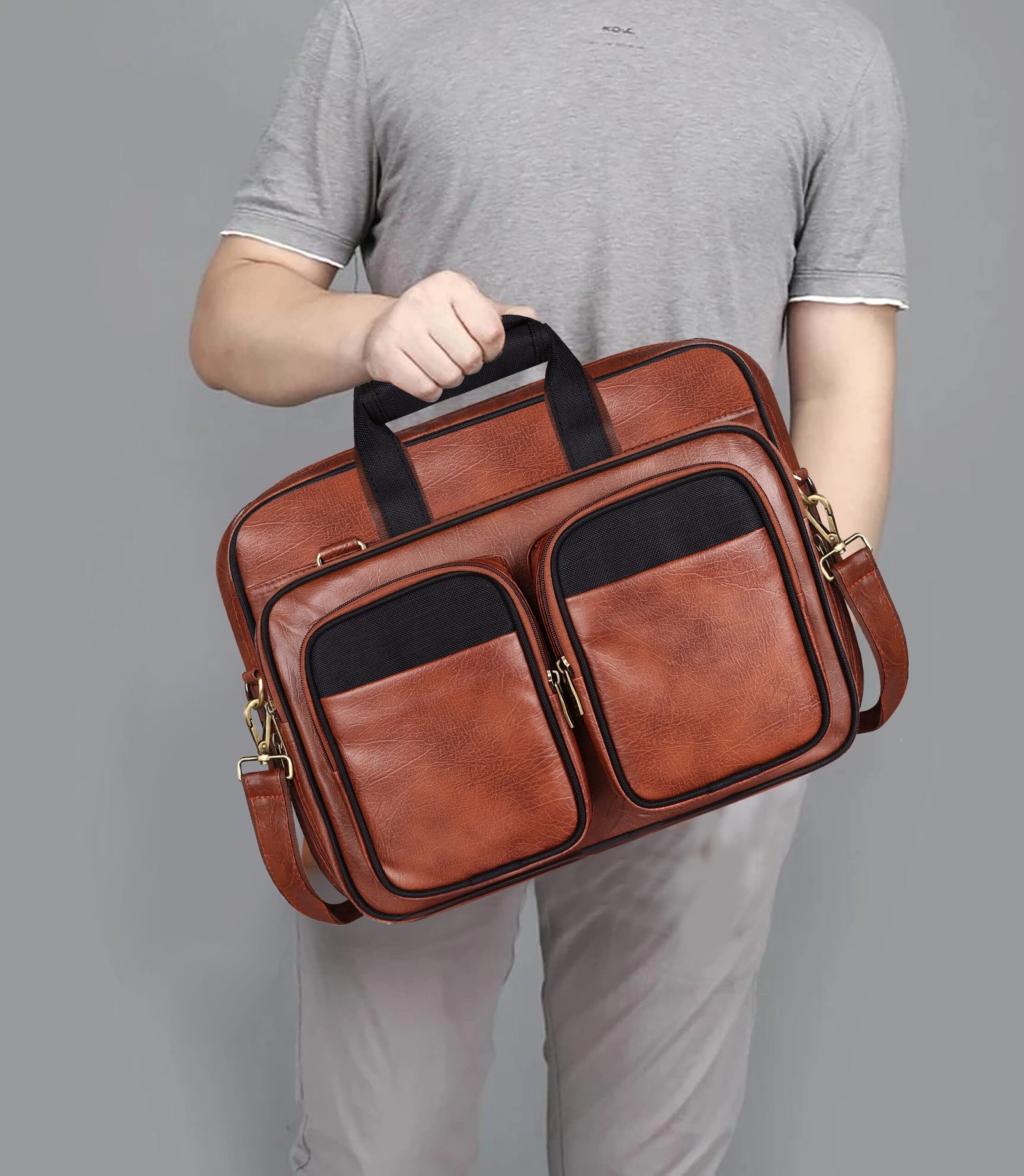 Tan & Black Color Faux Leather 28L Messenger Bag BG93