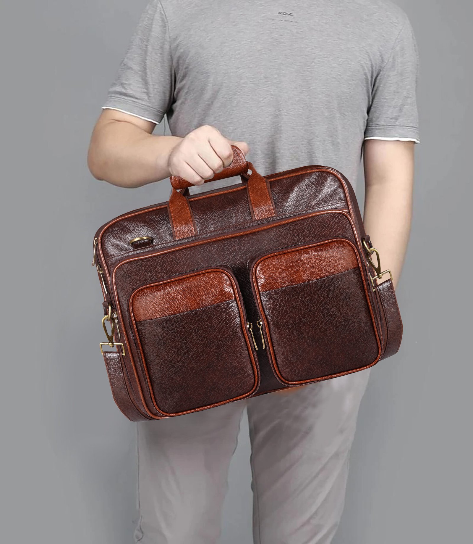 Chocolate & Tan Color Faux Leather 28L Messenger Bag BG95