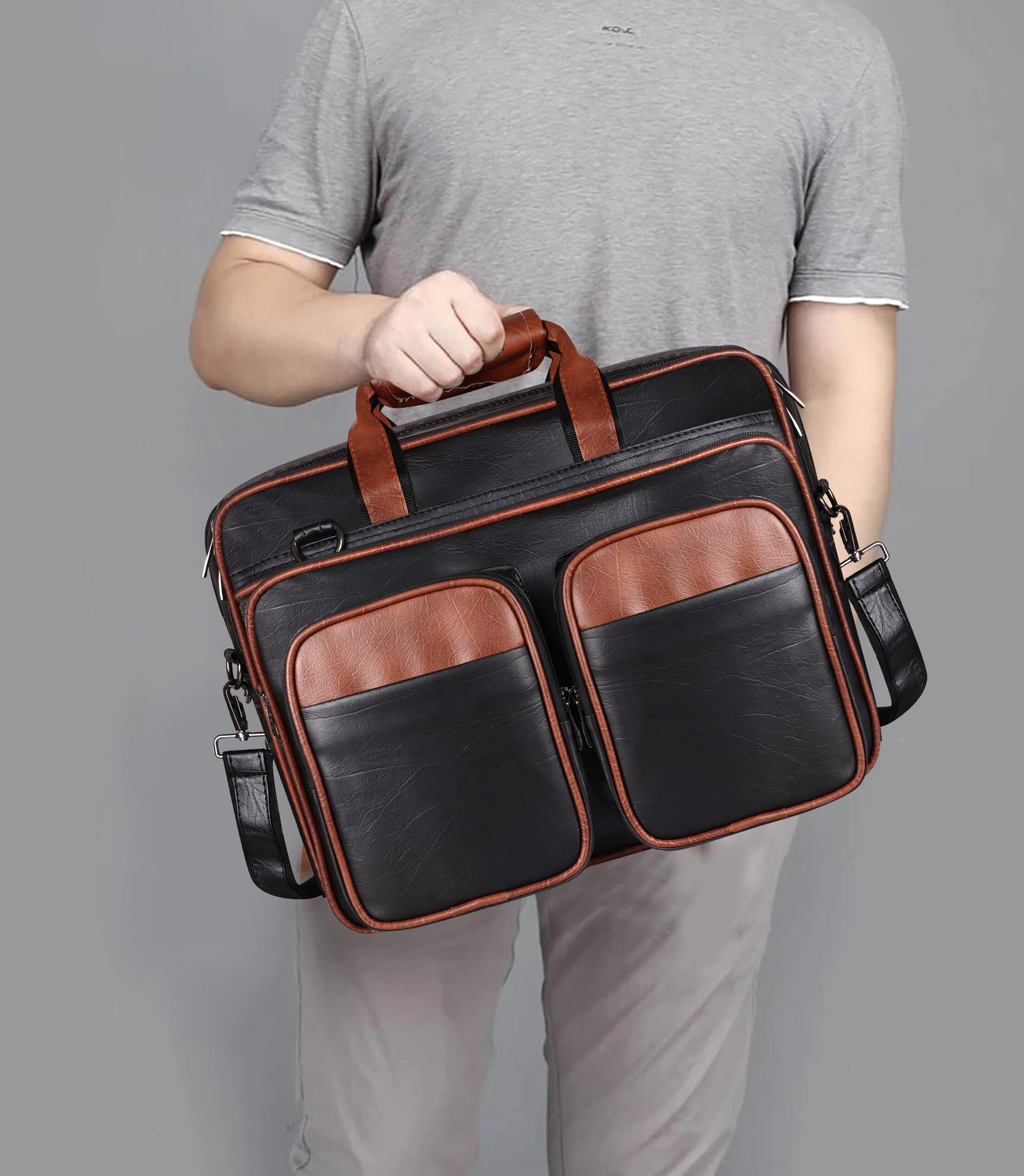 Tan & Black Color Faux Leather 28L Messenger Bag BG96