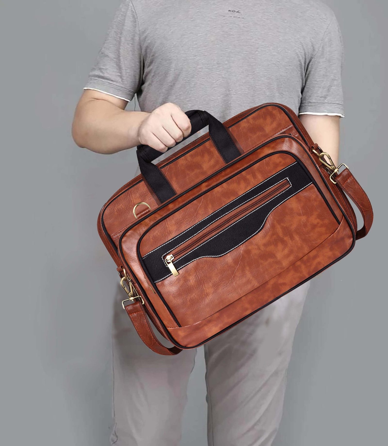 Tan & Black Color Faux Leather 28L Messenger Bag BG102