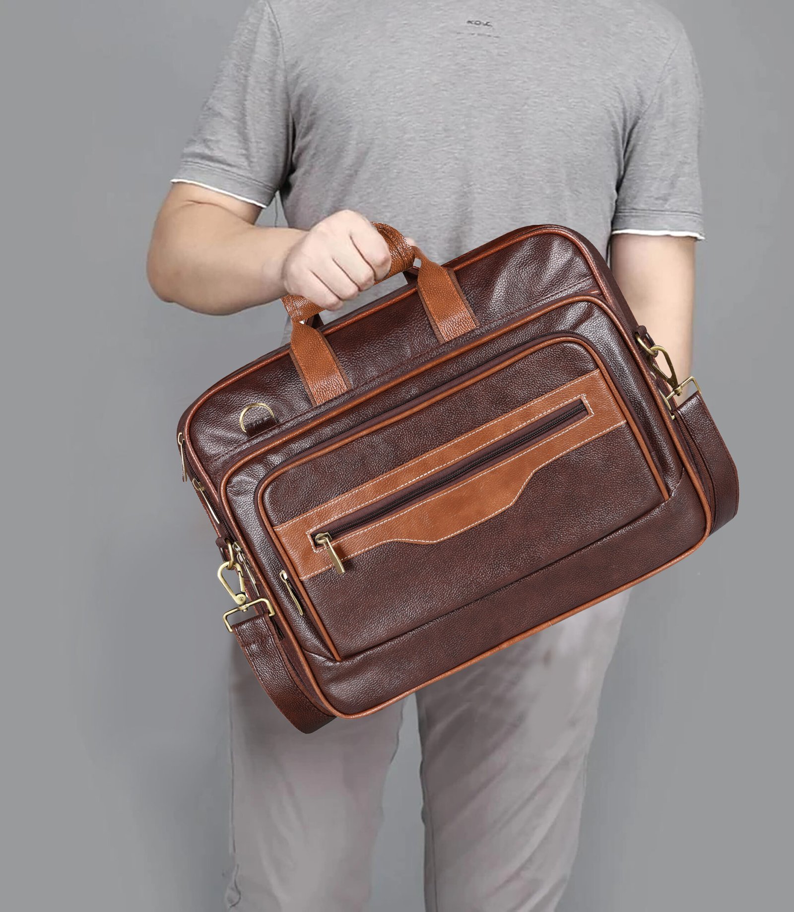 Chocolate & Tan Color Faux Leather 28L Messenger Bag BG104