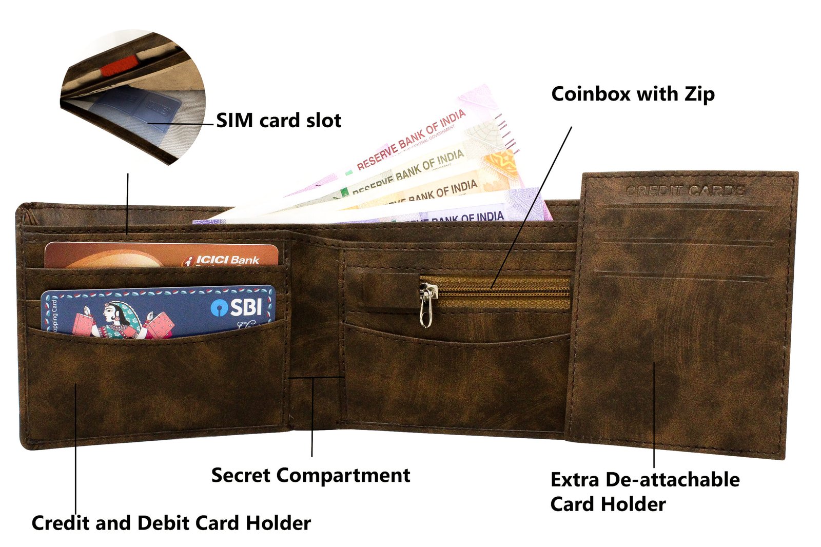 Brown Removable Card Holder Bi-Fold Faux Leather 8 ATM Card Slots Wallet For Men WL04