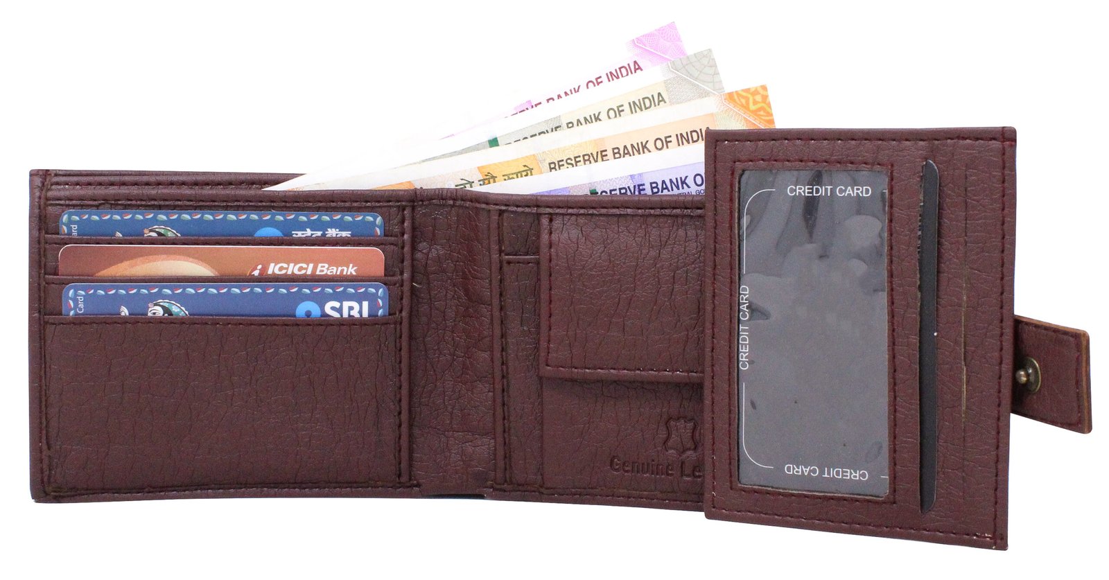 Maroon Removable Card Holder Bi-Fold Faux Leather 7 ATM Card Slots Wallet For Men WL09