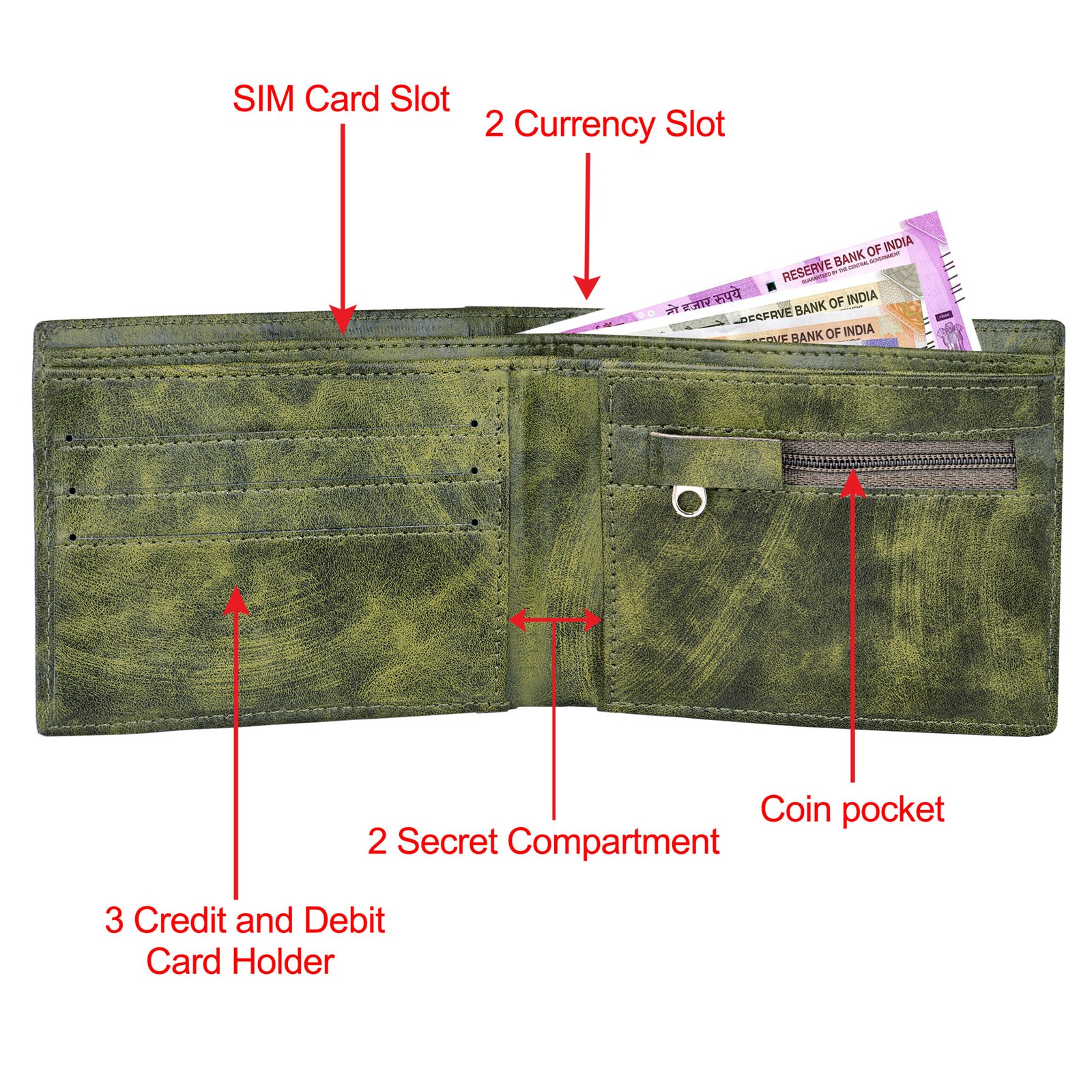 Green Out Side Card Slot Bi-Fold Faux Leather 6 ATM Card Slots Wallet For Men WL17