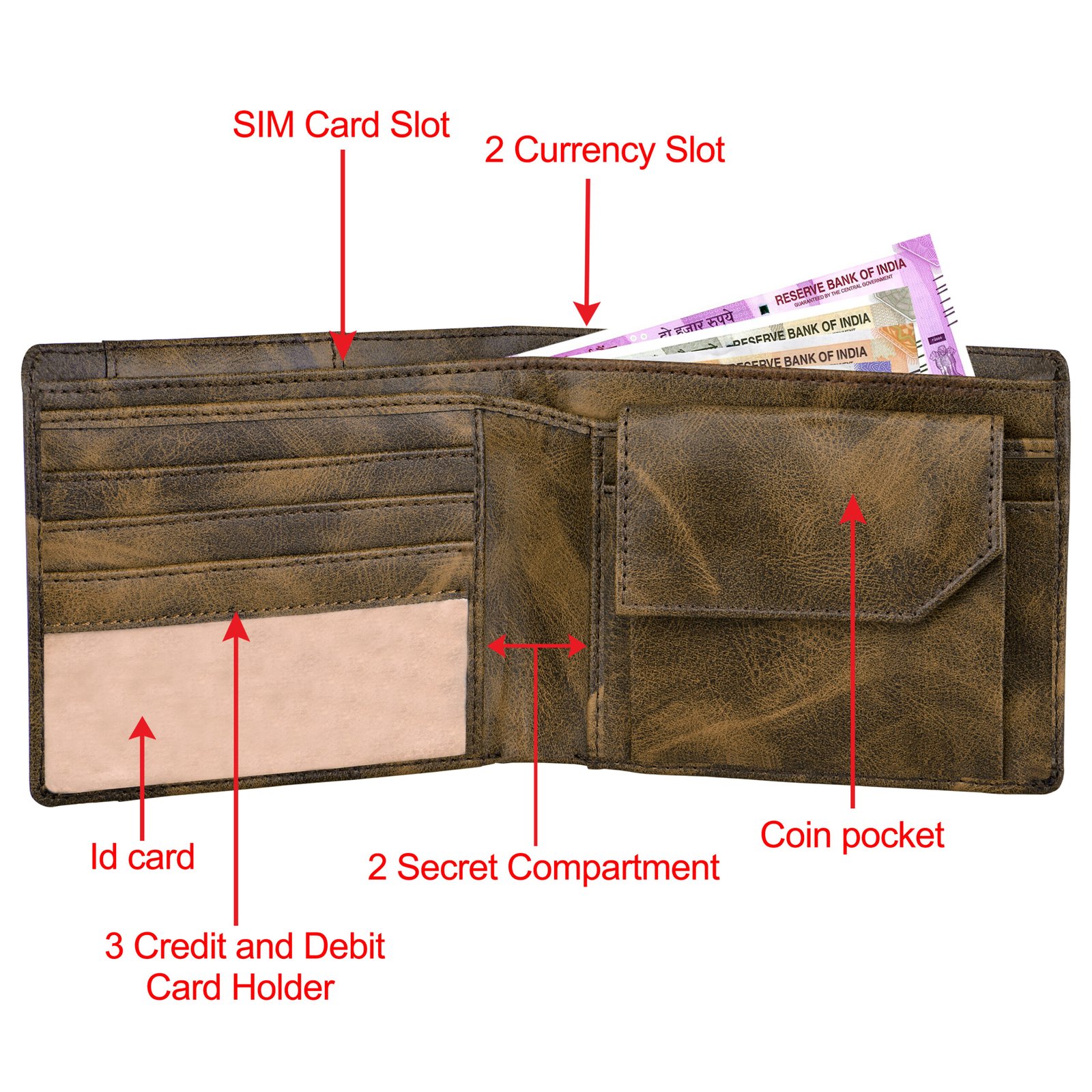 Brown Out Side Card Slot Bi-Fold Faux Leather 5 ATM Card Slots Wallet For Men WL20