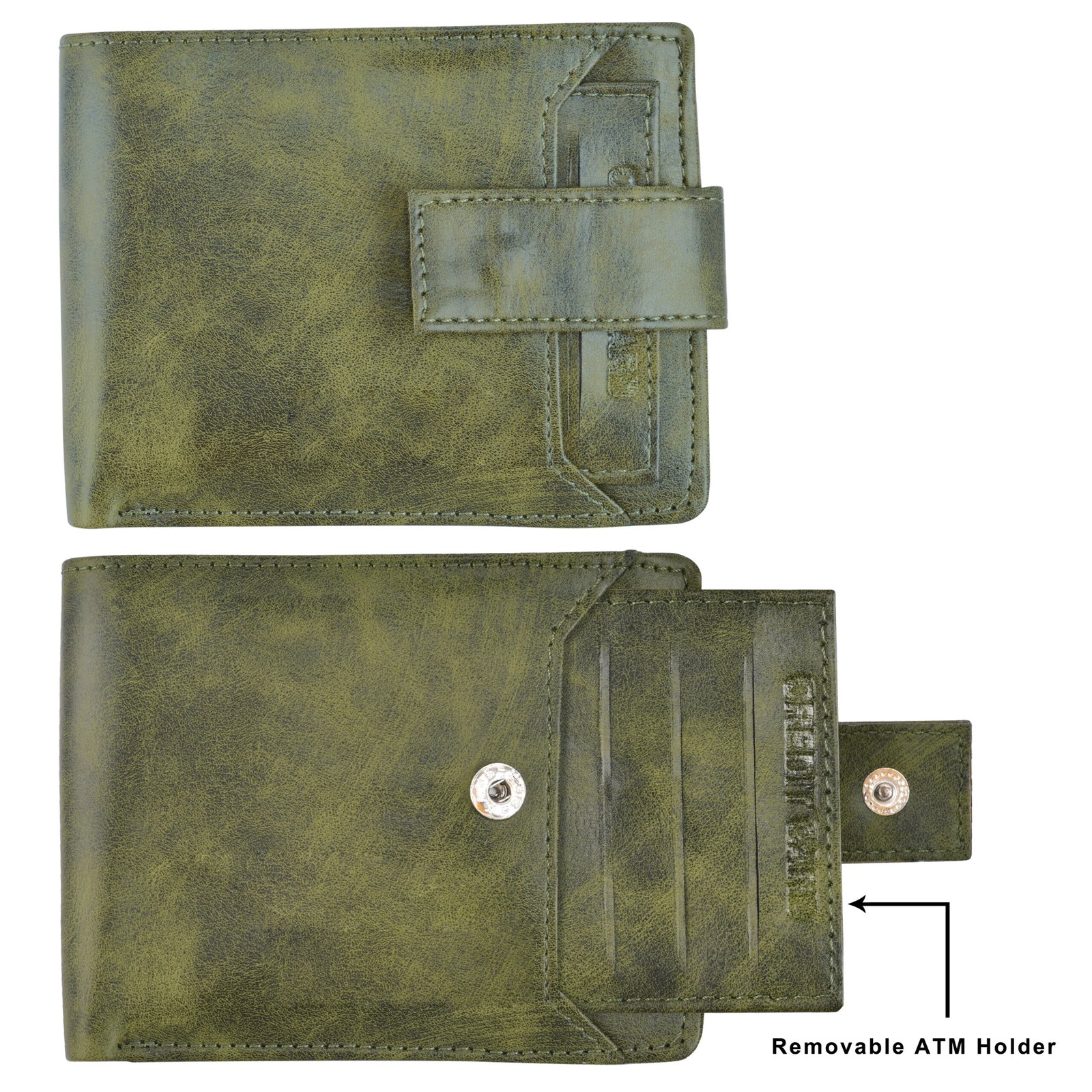 Green Removable Card Holder Bi-Fold Faux Leather 7 ATM Card Slots Wallet For Men WL22