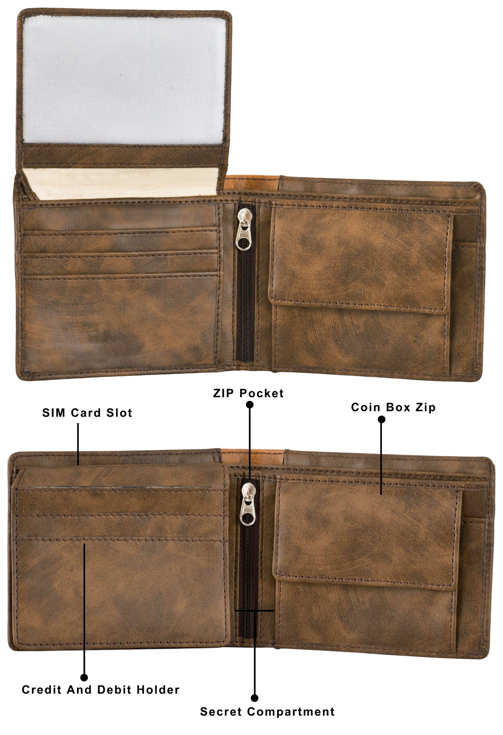 Brown-Tan Double Color Bi-Fold Faux Leather 7 ATM Card Slots Wallet For Men WL26