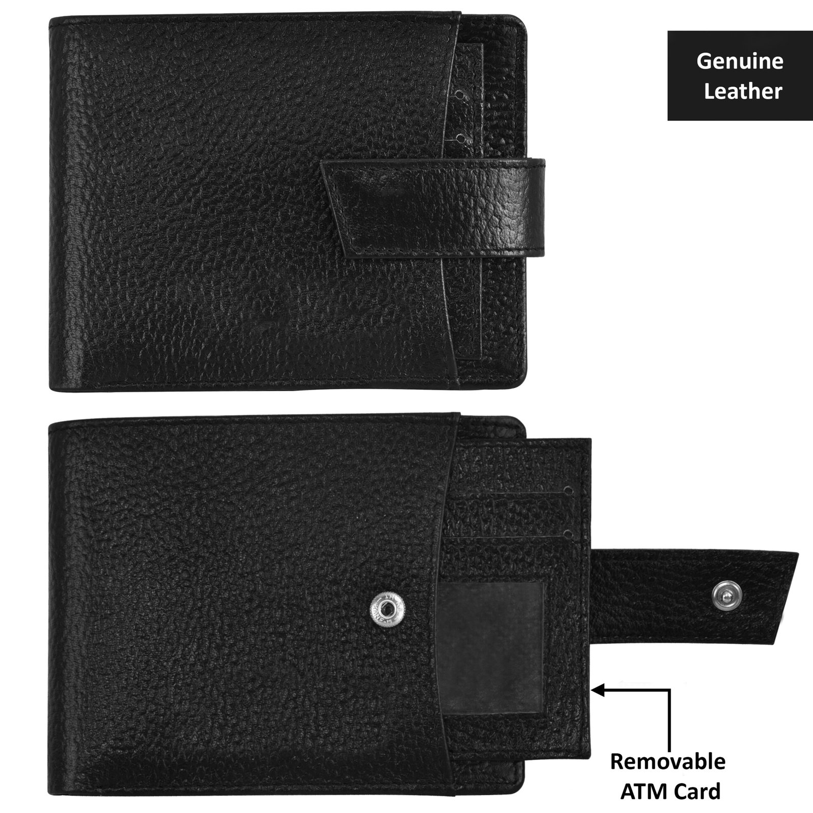 Black Removable Card Holder Bi-Fold Genuine Leather 6 ATM Card Slots Wallet WL502