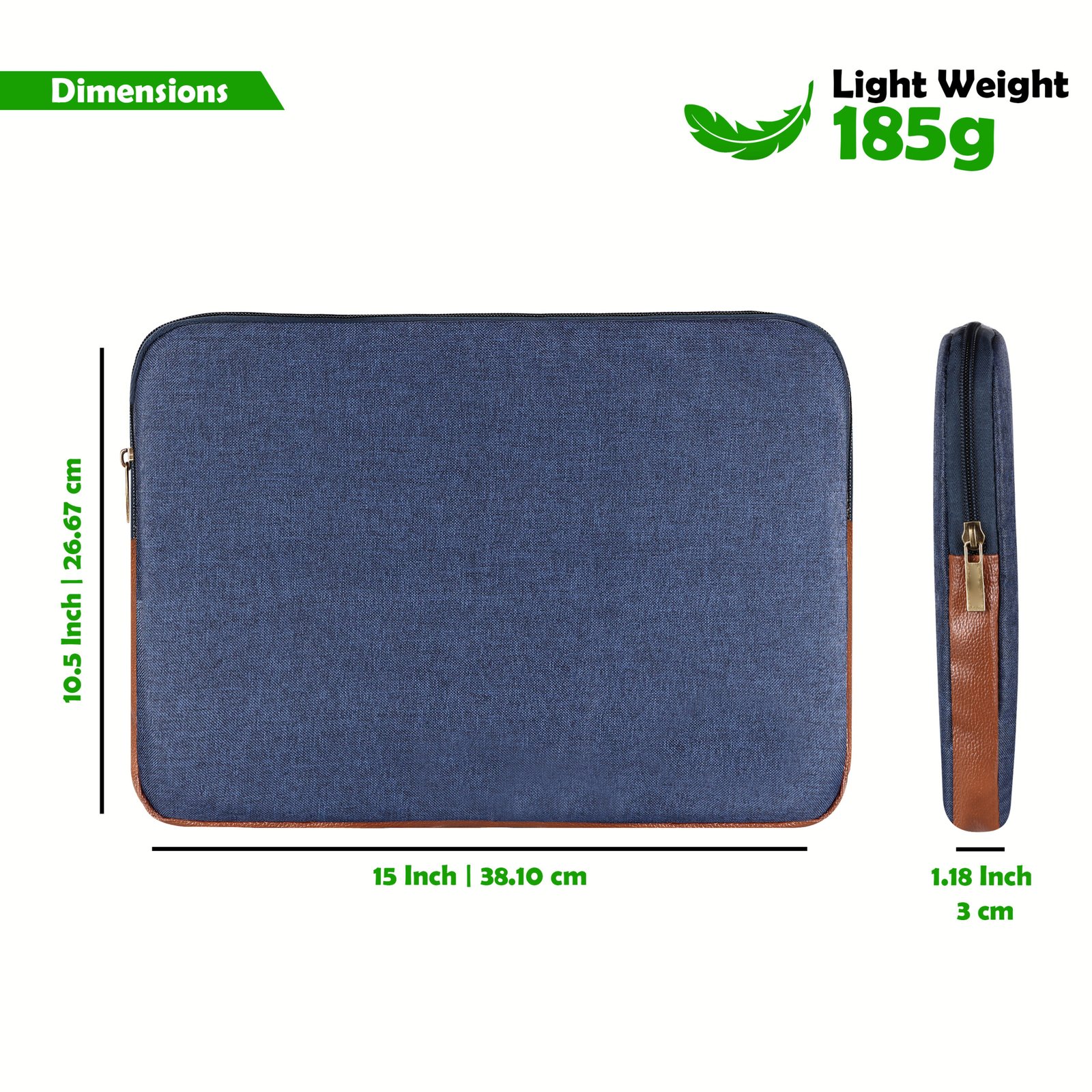 Laptop Sleeve for 15.6" - Blue & Tan, Zipper, Water Repellent LS01