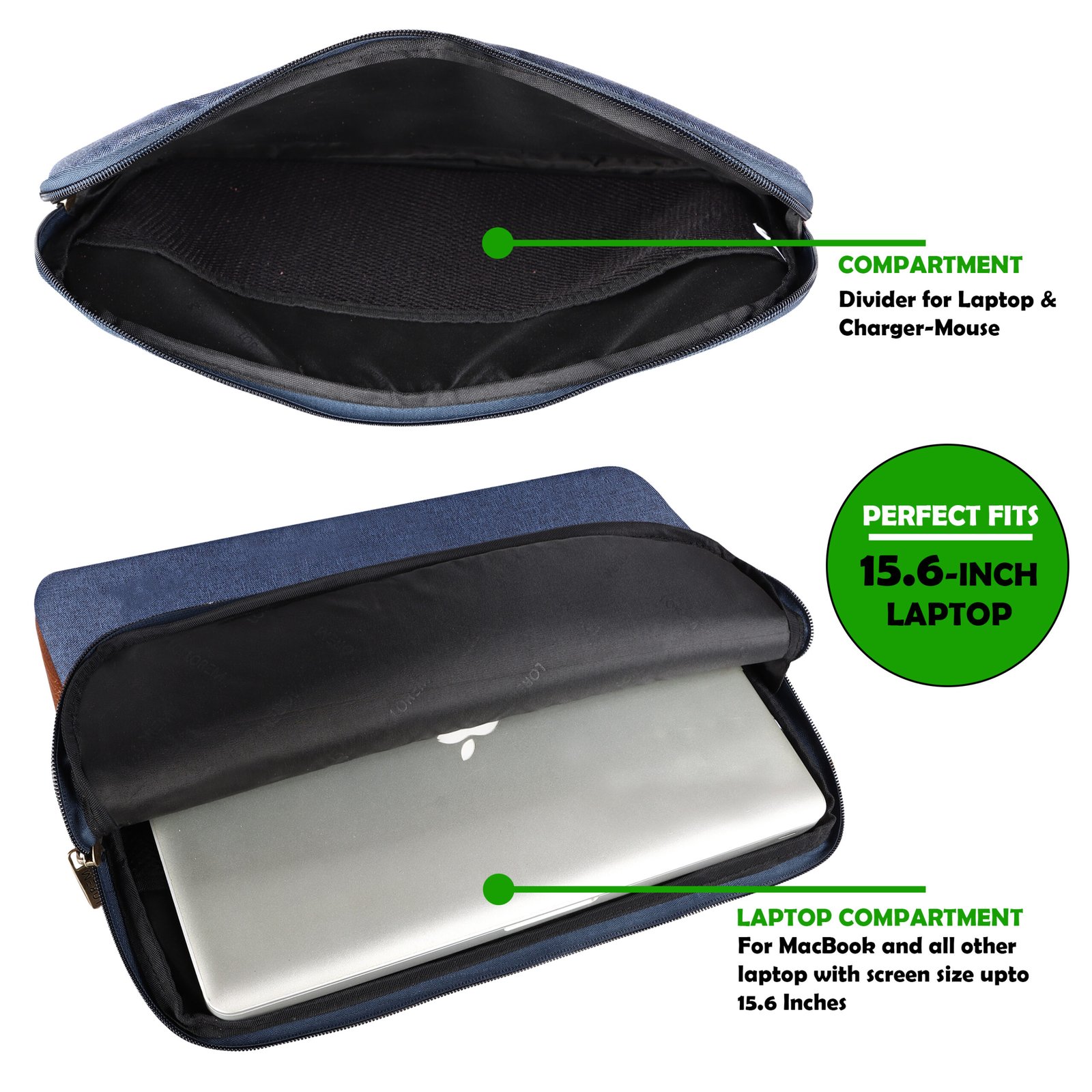 Laptop Sleeve for 15.6" - Blue & Tan, Zipper, Water Repellent LS01