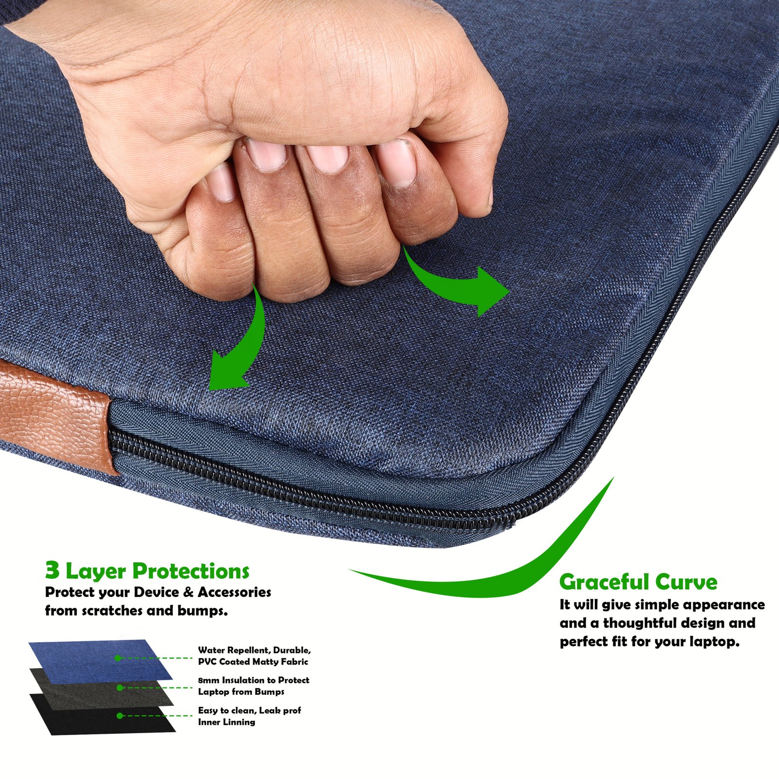 Laptop Sleeve for 15.6" - Blue & Tan, Zipper, Water Repellent LS01