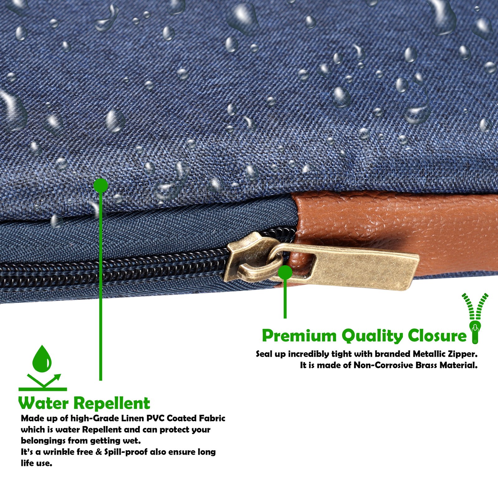 Laptop Sleeve for 15.6" - Blue & Tan, Zipper, Water Repellent LS01