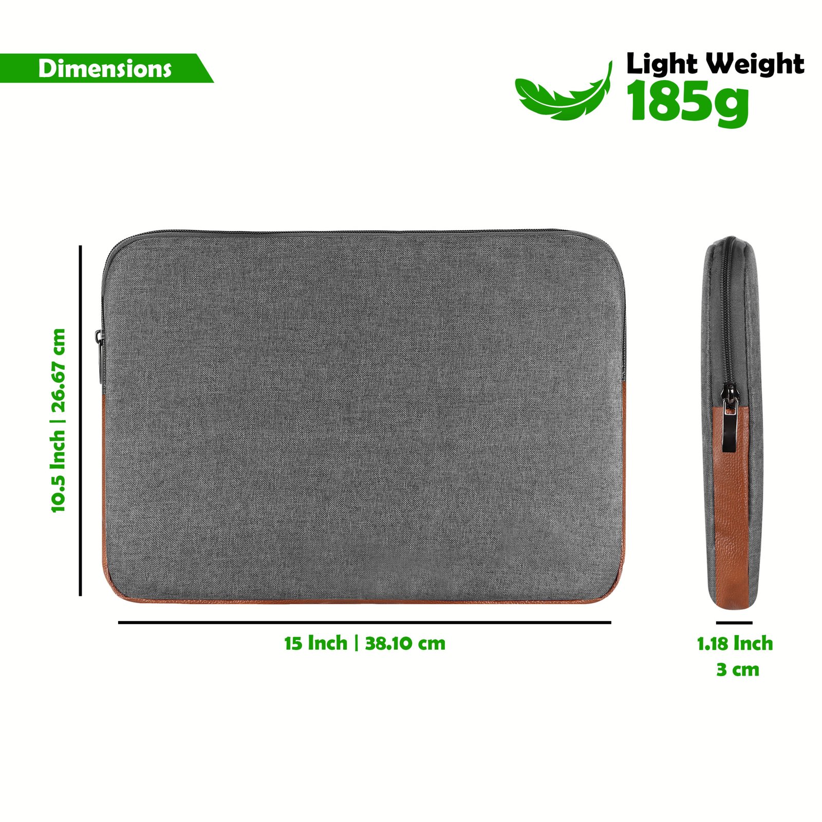 Laptop Sleeve for 15.6" - Grey & Tan, Zipper, Water Repellent LS02