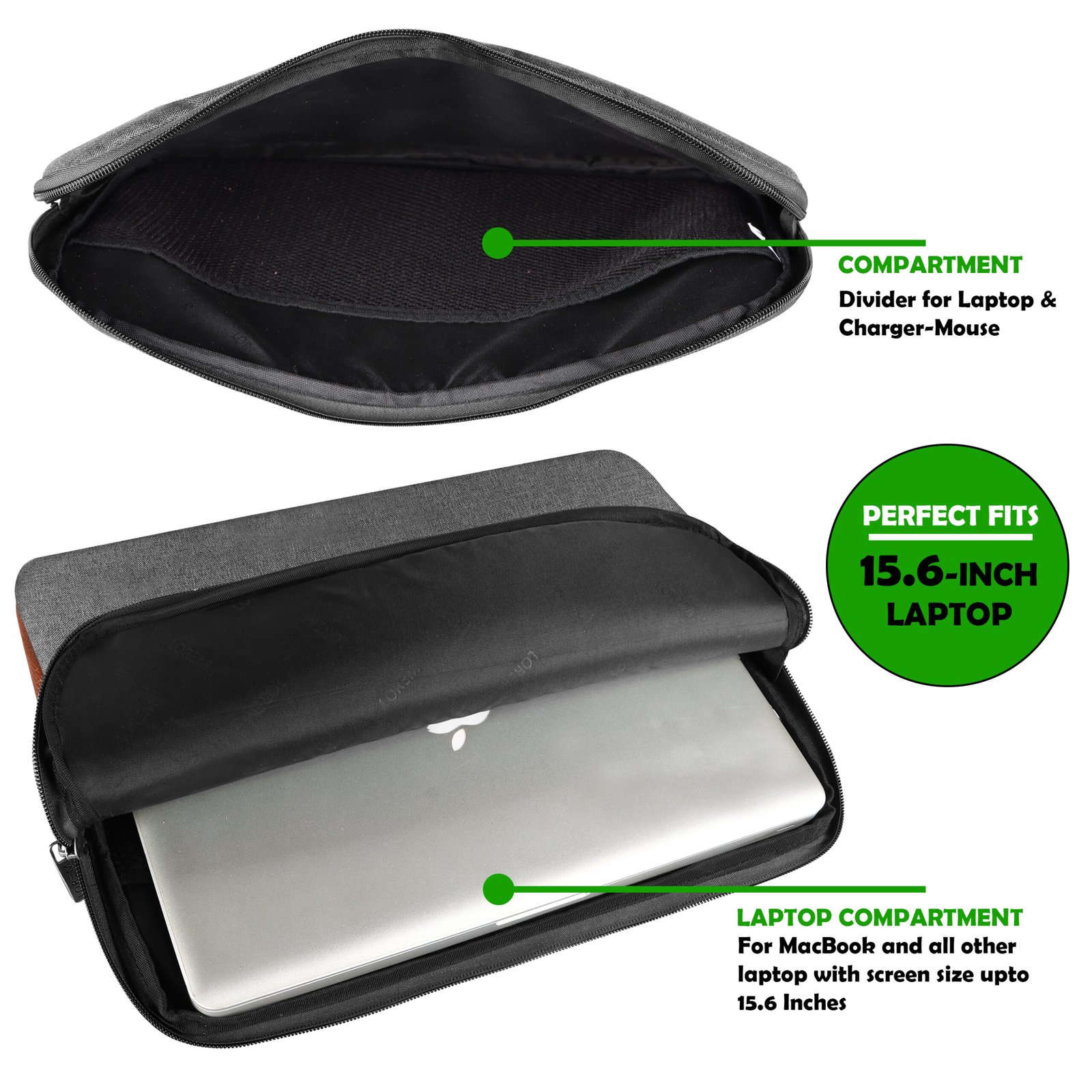 Laptop Sleeve for 15.6" - Grey & Tan, Zipper, Water Repellent LS02