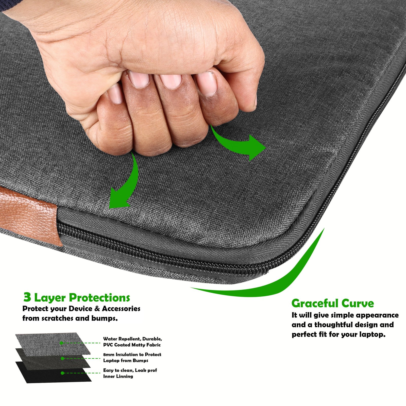 Laptop Sleeve for 15.6" - Grey & Tan, Zipper, Water Repellent LS02