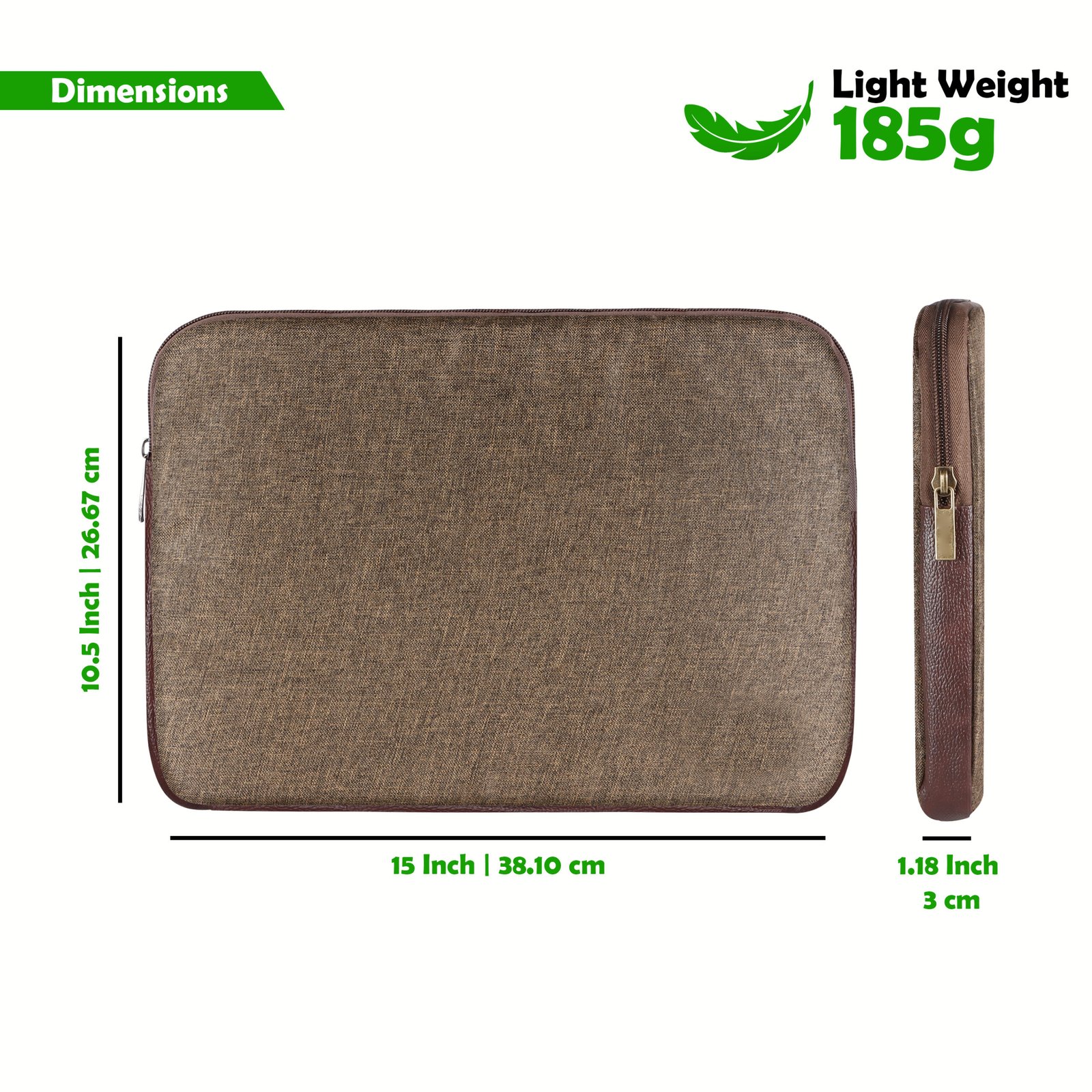 Laptop Sleeve for 15.6" - Khakhi & Brown, Zipper, Water Repellent LS03
