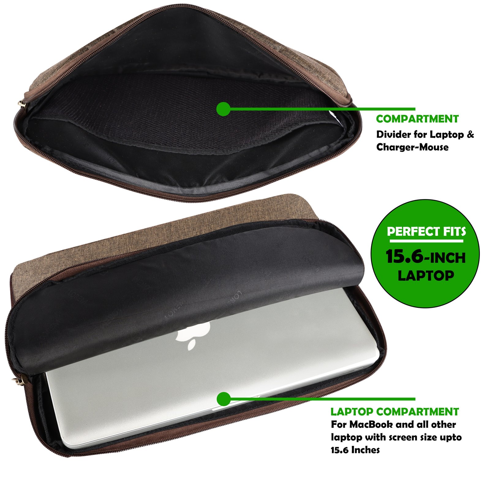 Laptop Sleeve for 15.6" - Khakhi & Brown, Zipper, Water Repellent LS03