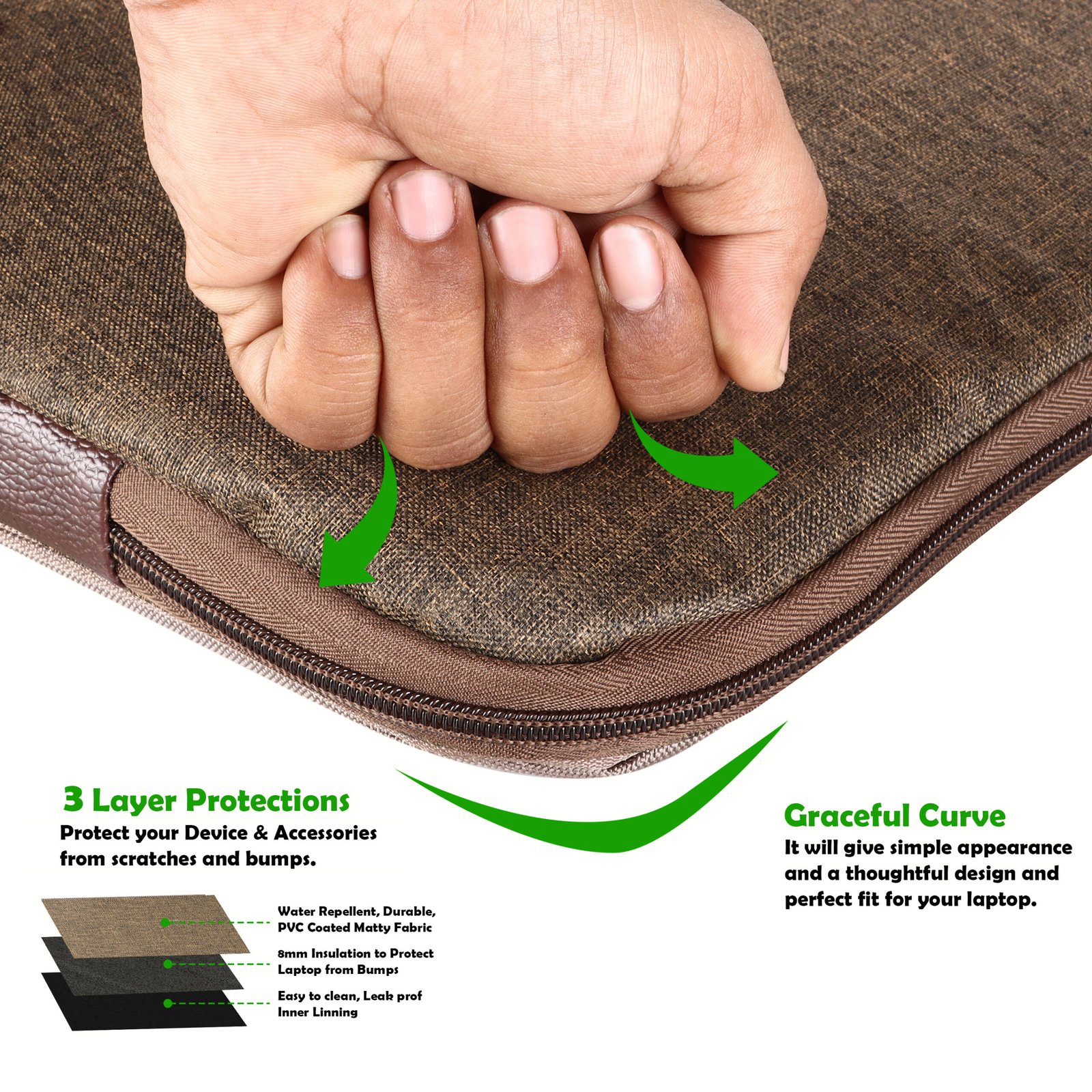 Laptop Sleeve for 15.6" - Khakhi & Brown, Zipper, Water Repellent LS03