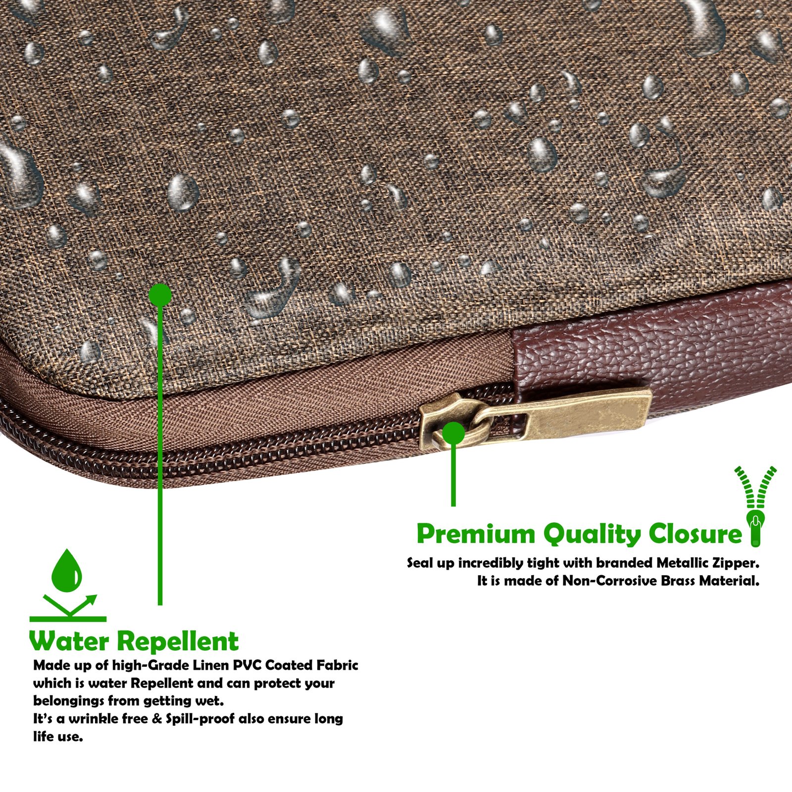 Laptop Sleeve for 15.6" - Khakhi & Brown, Zipper, Water Repellent LS03