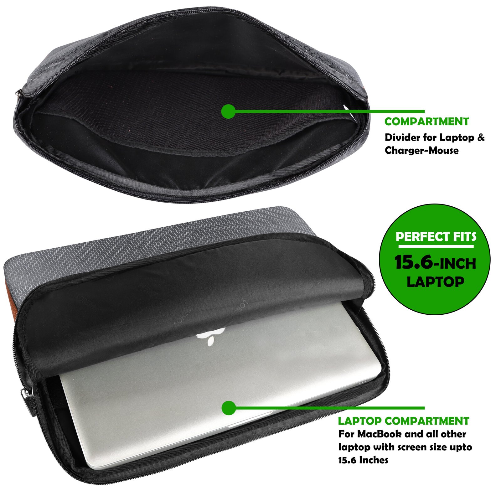 Laptop Sleeve for 15.6" - Grey & Tan (LS04), Zipper, Water Repellent LS04