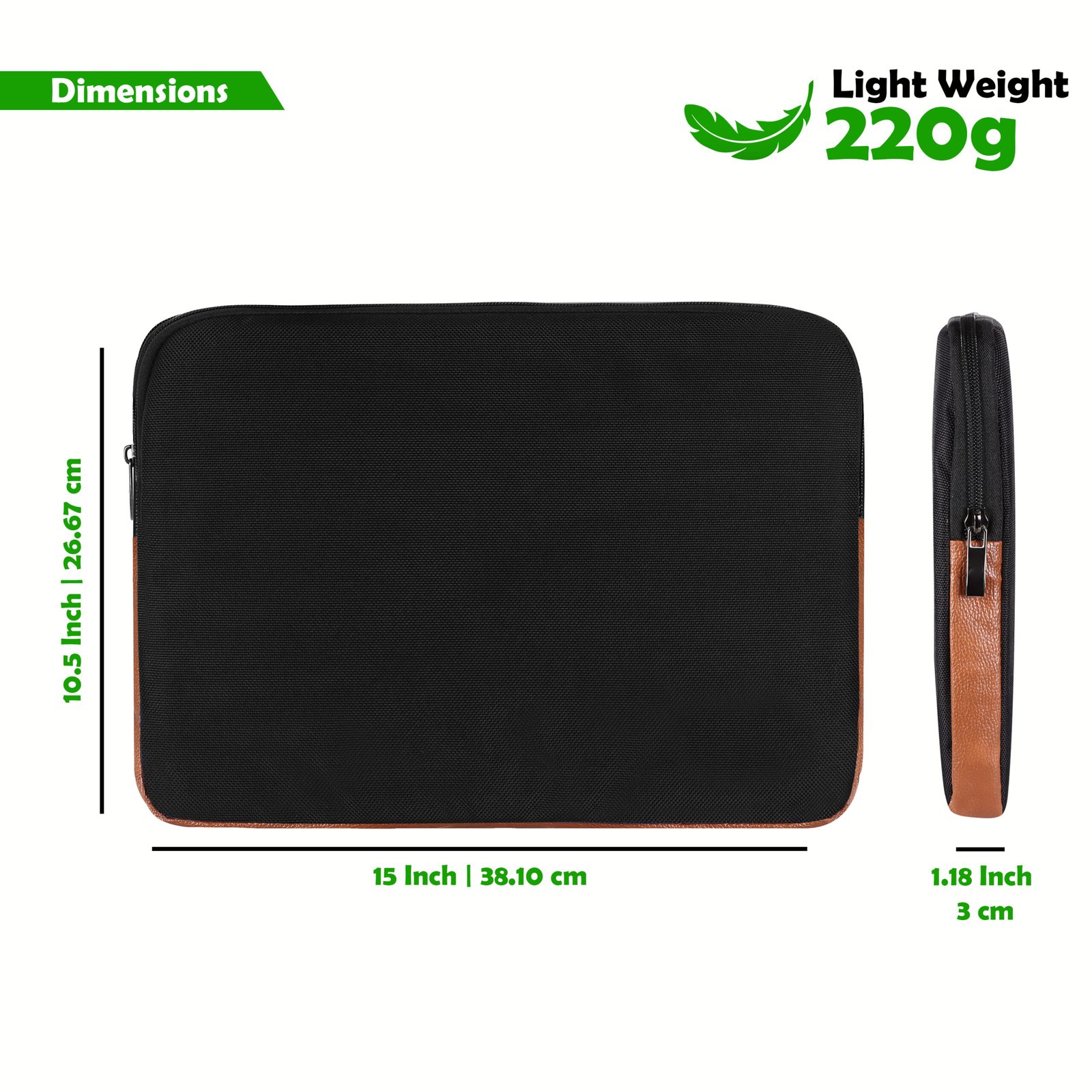 Laptop Sleeve for 15.6" - Black & Tan, Zipper, Water Repellent LS05