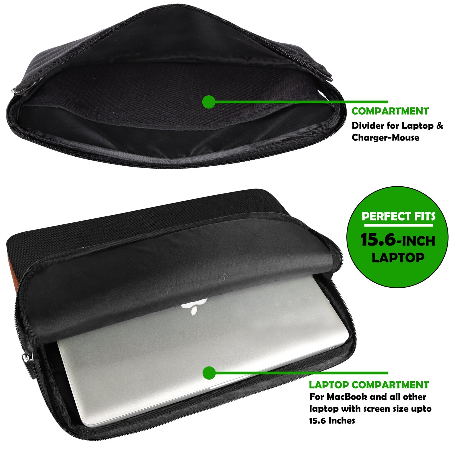 Laptop Sleeve for 15.6" - Black & Tan, Zipper, Water Repellent LS05