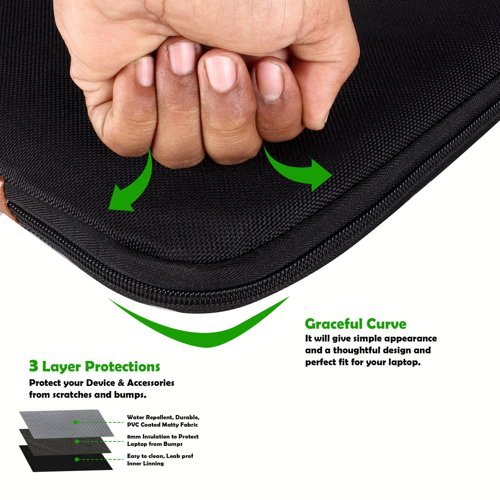 Laptop Sleeve for 15.6" - Black & Tan, Zipper, Water Repellent LS05