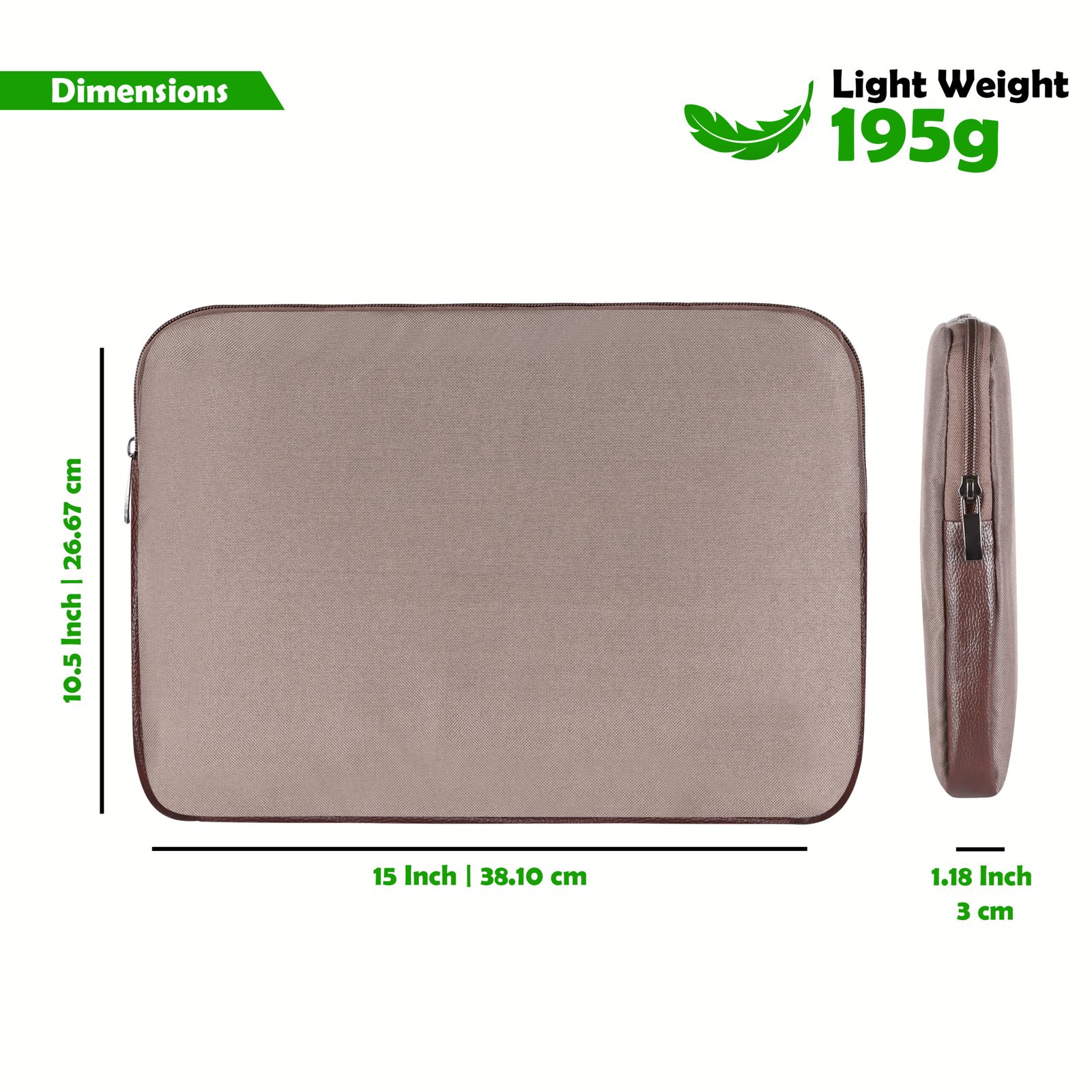 Laptop Sleeve for 15.6" - Mink Grey & Brown, Zipper, Water Repellent LS06