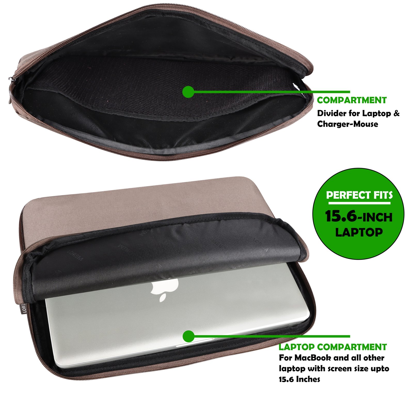 Laptop Sleeve for 15.6" - Mink Grey & Brown, Zipper, Water Repellent LS06