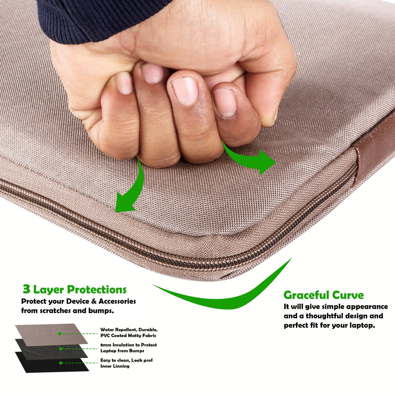 Laptop Sleeve for 15.6" - Mink Grey & Brown, Zipper, Water Repellent LS06